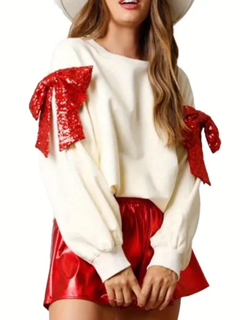 Fantastic Fawn Cream Sweatshirt with Red Sequin Bow Accents Size Small Boho Chic